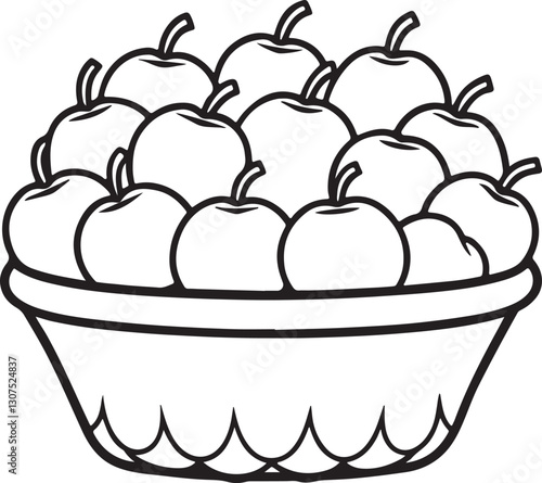 a basket of apple fruit line art, black outline, vector and illustration, coloring book page line art drawing