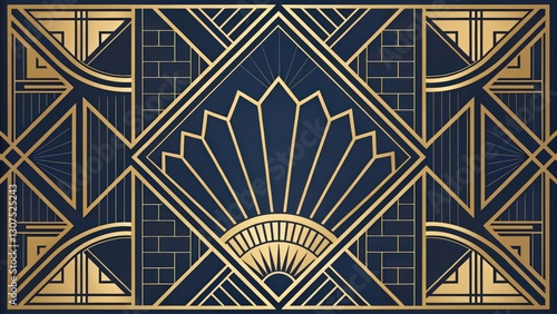 an intricate geometric pattern in art deco style with gold accents on a dark blue background. This pattern evokes the elegance and sophistication of the roaring twenties.