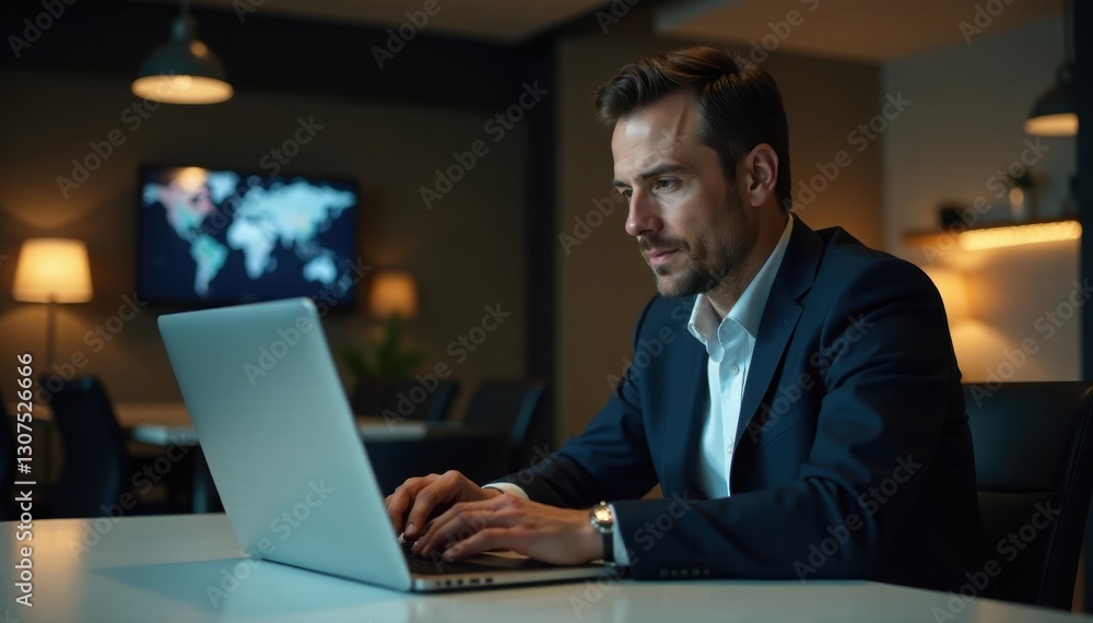 Confident executive reviewing data on laptop, sleek setting , growth, data Confident executive reviewing data on laptop, sleek setting , growth, data