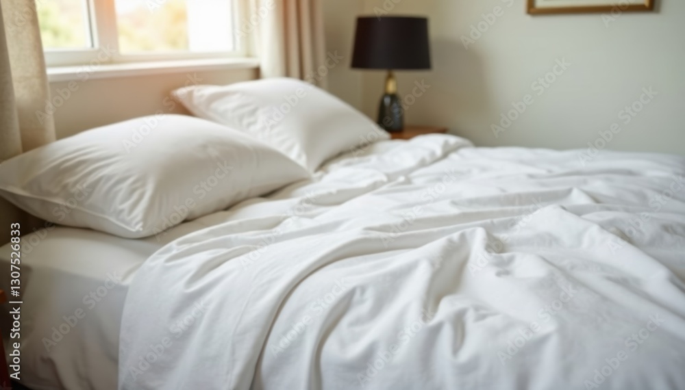 Crisp white sheets, plump pillows, inviting bed , fresh, comfortable, bright Crisp white sheets, plump pillows, inviting bed , fresh, comfortable, bright