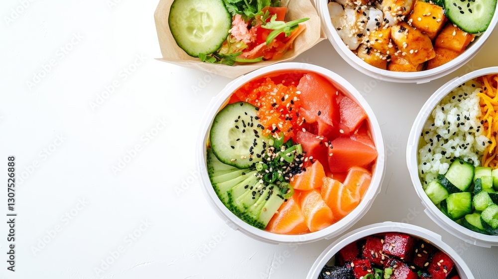 Poke bowls ready to go, with a craft bag included, isolated on a white background. Poke bowls ready to go, with a craft bag included, isolated on a white background.