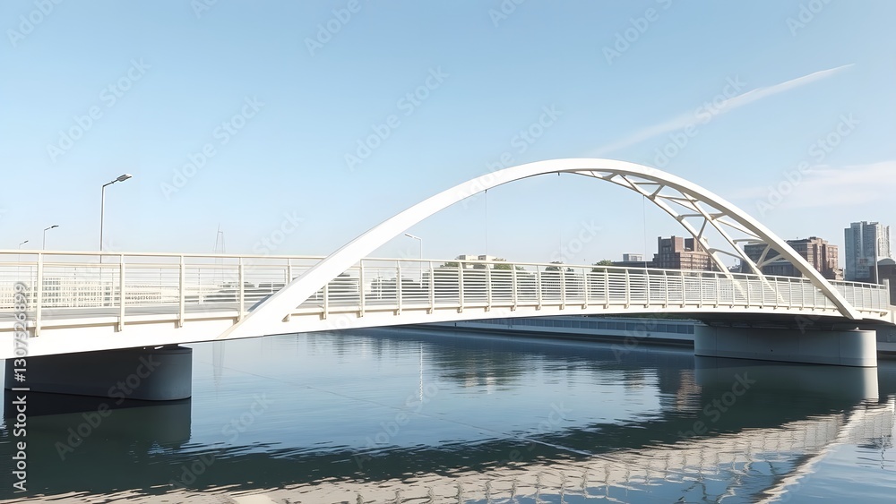 Elegant modern bridge over tranquil water, showcasing architectural beauty against a clear blue sky and city skyline. Elegant modern bridge over tranquil water, showcasing architectural beauty against a clear blue sky and city skyline.