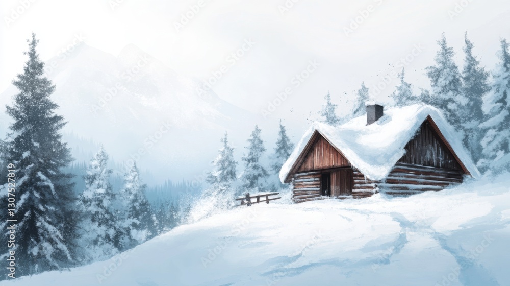 Snow-covered cabin in tranquil winter mountain landscape with pine trees Snow-covered cabin in tranquil winter mountain landscape with pine trees