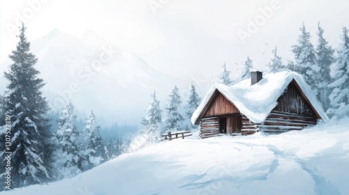 Wallpaper Mural Snow-covered cabin in tranquil winter mountain landscape with pine trees Torontodigital.ca
