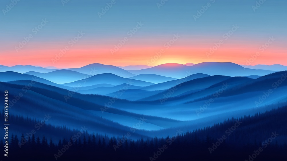 Obraz premium Serene Blue Mountain Range Sunset Peaceful Landscape. AI Generated