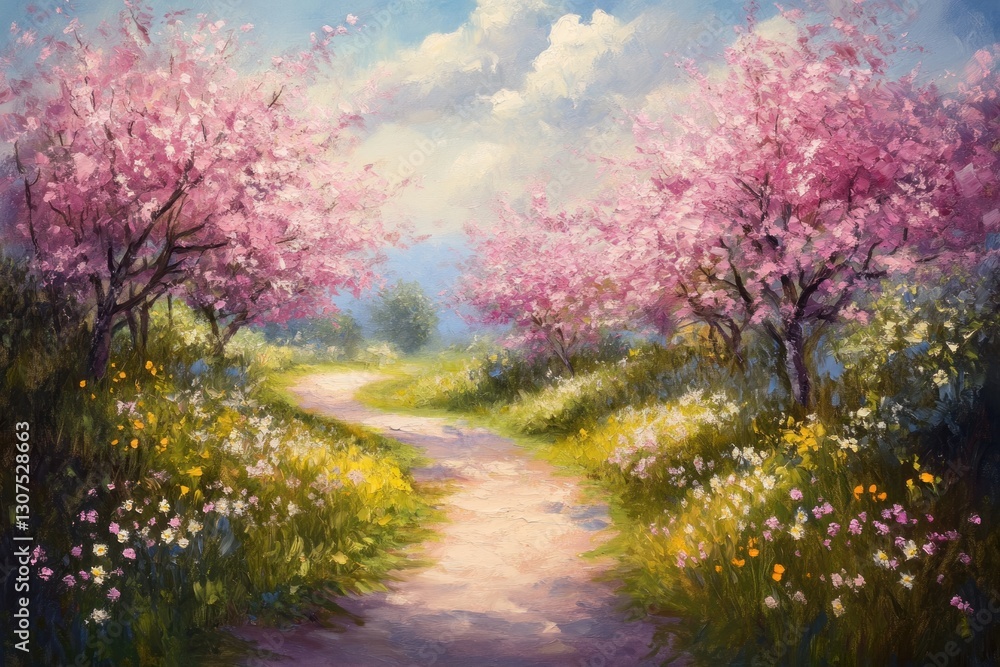 Springtime path through blossoming pink trees, vibrant wildflowers, and a sunny landscape. Springtime path through blossoming pink trees, vibrant wildflowers, and a sunny landscape.