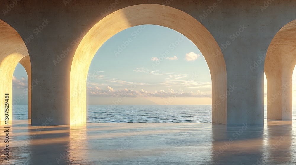 Fototapeta premium Serene ocean vista framed by elegant arches bathed in warm sunset light. AI Generated