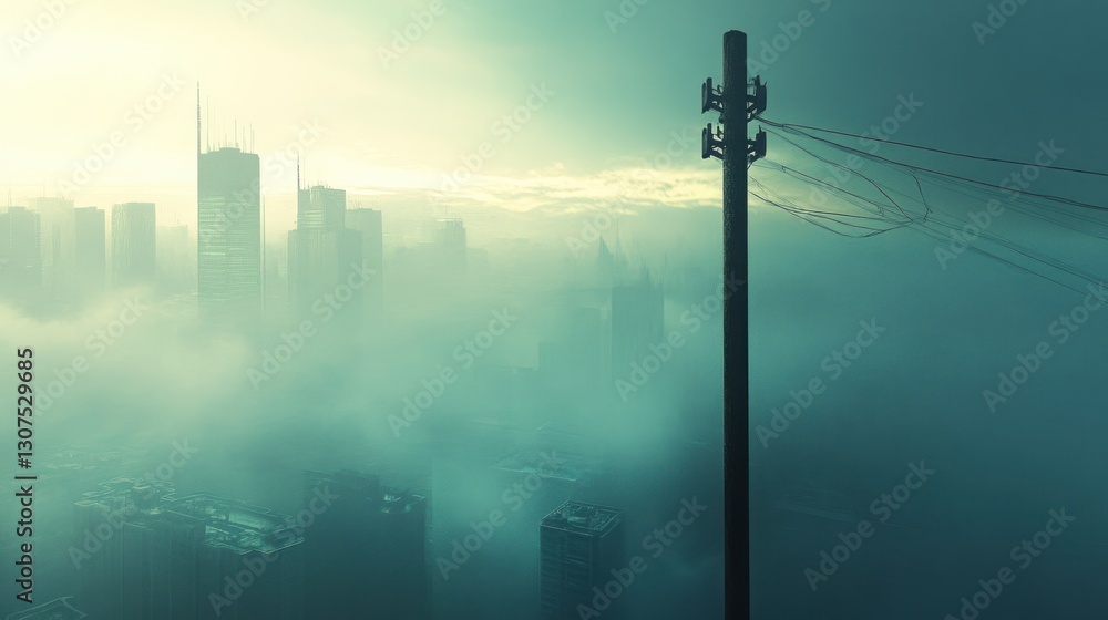 Foggy cityscape at sunrise with communication tower Foggy cityscape at sunrise with communication tower