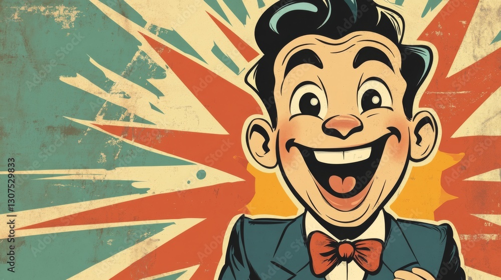 Cheerful cartoon character with bow tie against pop art background Cheerful cartoon character with bow tie against pop art background