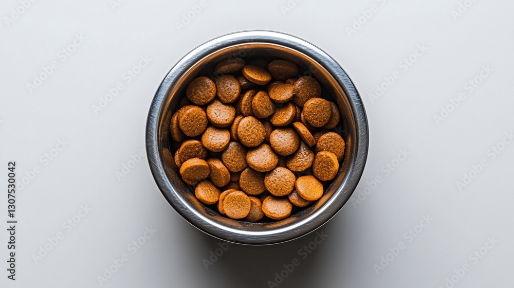 Top view of a metal bowl filled with brown dog kibble on a white background. Top view of a metal bowl filled with brown dog kibble on a white background.