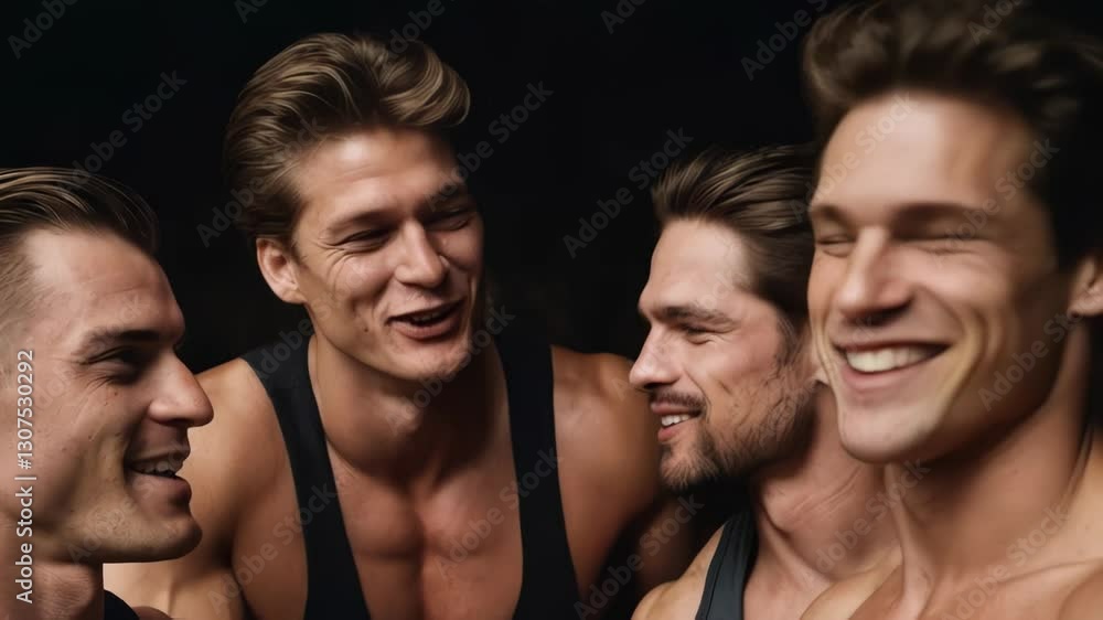 group of friends having man, muscular males laughing group of friends having man, muscular males laughing