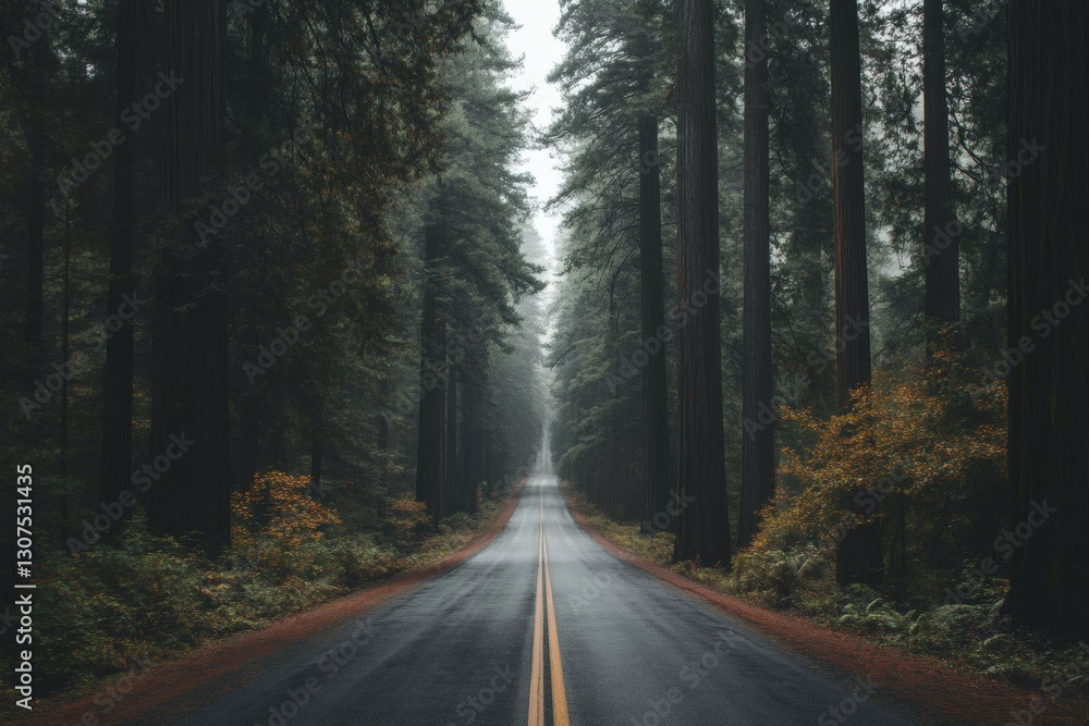 Stunning empty road through tall forest trees Generative AI Stunning empty road through tall forest trees Generative AI