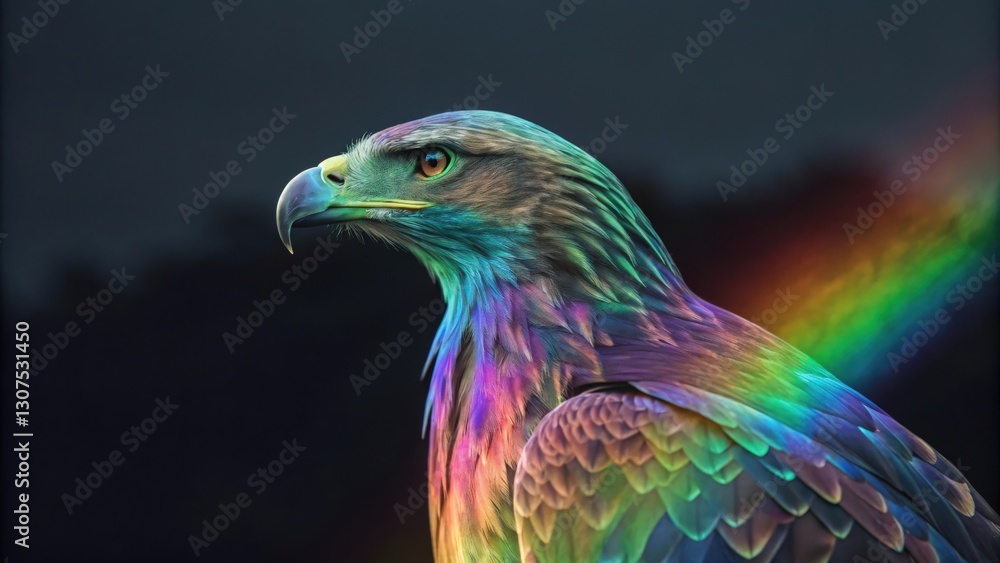 Obraz premium a majestic eagle with iridescent feathers, its gaze focused, against a darkened background, with a rainbow. The image captures the bird's power and beauty