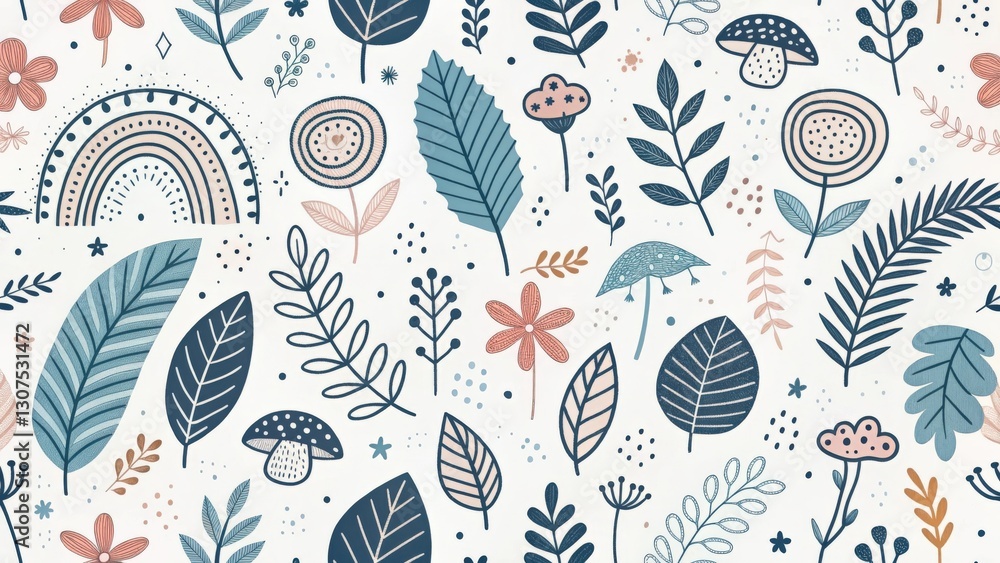 a delightful, seamless pattern features various plant elements, mushrooms and a rainbow a delightful, seamless pattern features various plant elements, mushrooms and a rainbow