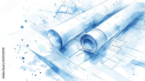 Artistic blueprint rolls on abstract watercolor background with technical drawings