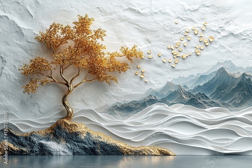 Fototapeta Naklejka Na Ścianę i Meble -  3D mural wallpaper shows white, gold waves, gold tree. Design embossed creating relief effect. Abstract art decorates wall background. Modern design for home . 32k Resolution 