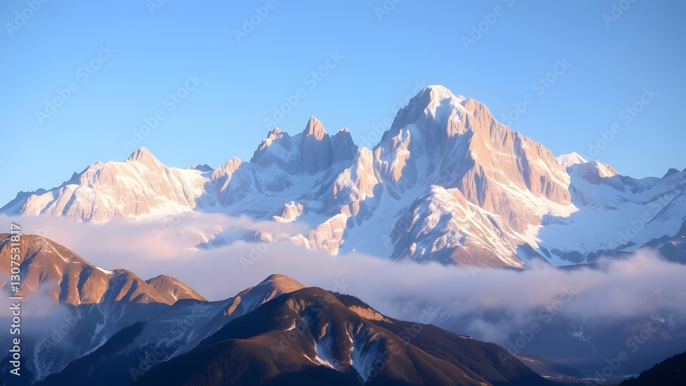 Fototapeta premium Majestic snow-capped mountains under a clear blue sky, showcasing breathtaking peaks and rugged landscapes with sunlight illuminating the scene.