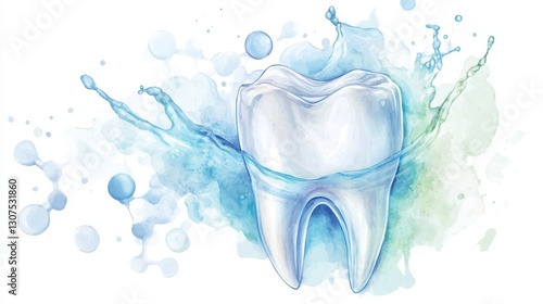 Water splash around tooth with abstract blue and green background