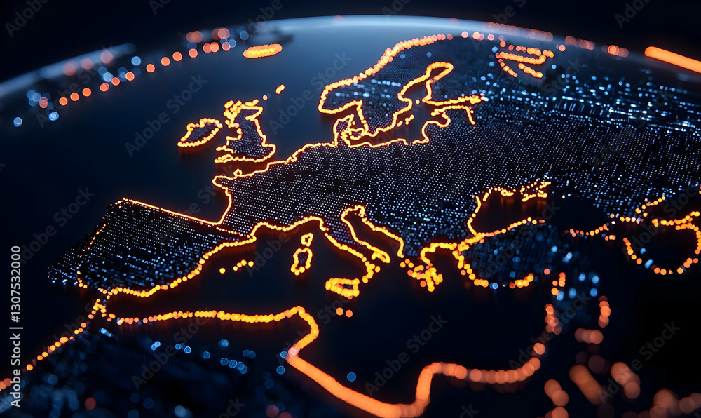 Europe Map in Neon Lights Representing Digital Connectivity and Data Europe Map in Neon Lights Representing Digital Connectivity and Data