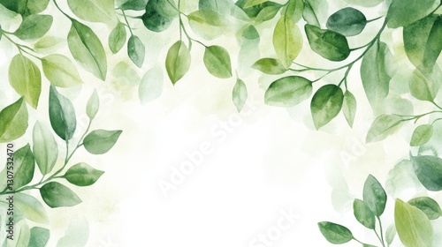 Green watercolor leaves frame with lush foliage on white background