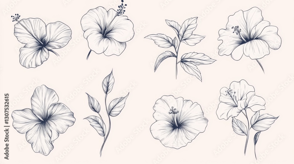 Elegant hibiscus flowers and leaves in monochrome sketches Elegant hibiscus flowers and leaves in monochrome sketches