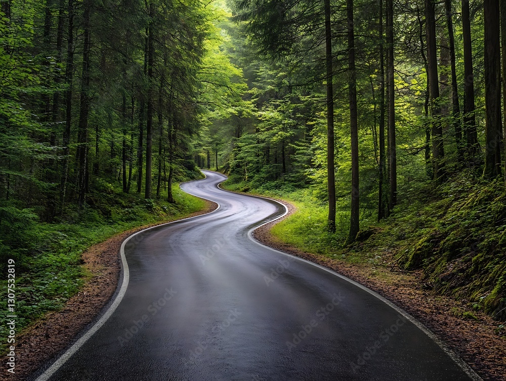 Fototapeta premium Road curves through a lush, green forest