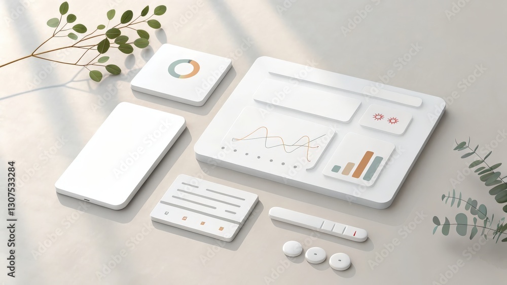 modern digital devices and interfaces arranged on a surface with a plant in background modern digital devices and interfaces arranged on a surface with a plant in background