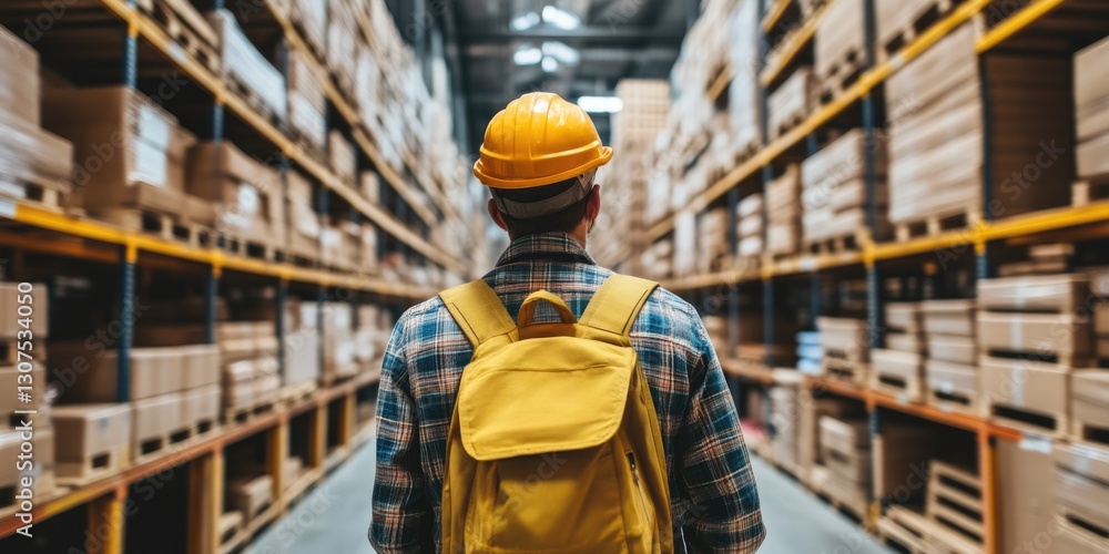 Fototapeta premium Warehouse employee walking in between warehouse shelves
