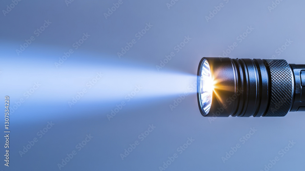 close up of flashlight emitting bright beam of light against blue background, showcasing its design and functionality close up of flashlight emitting bright beam of light against blue background, showcasing its design and functionality
