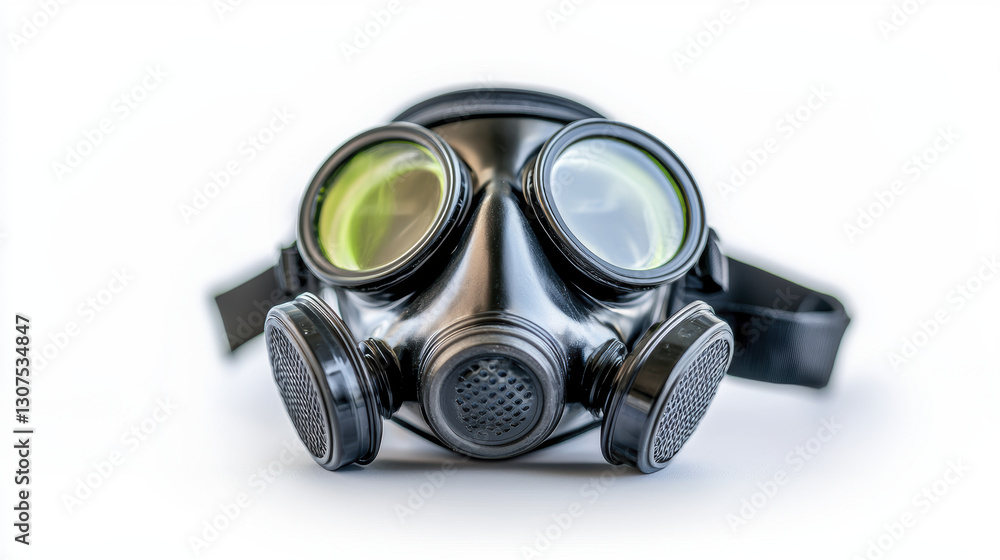 black gas mask with green lenses, designed for protection against harmful substances black gas mask with green lenses, designed for protection against harmful substances