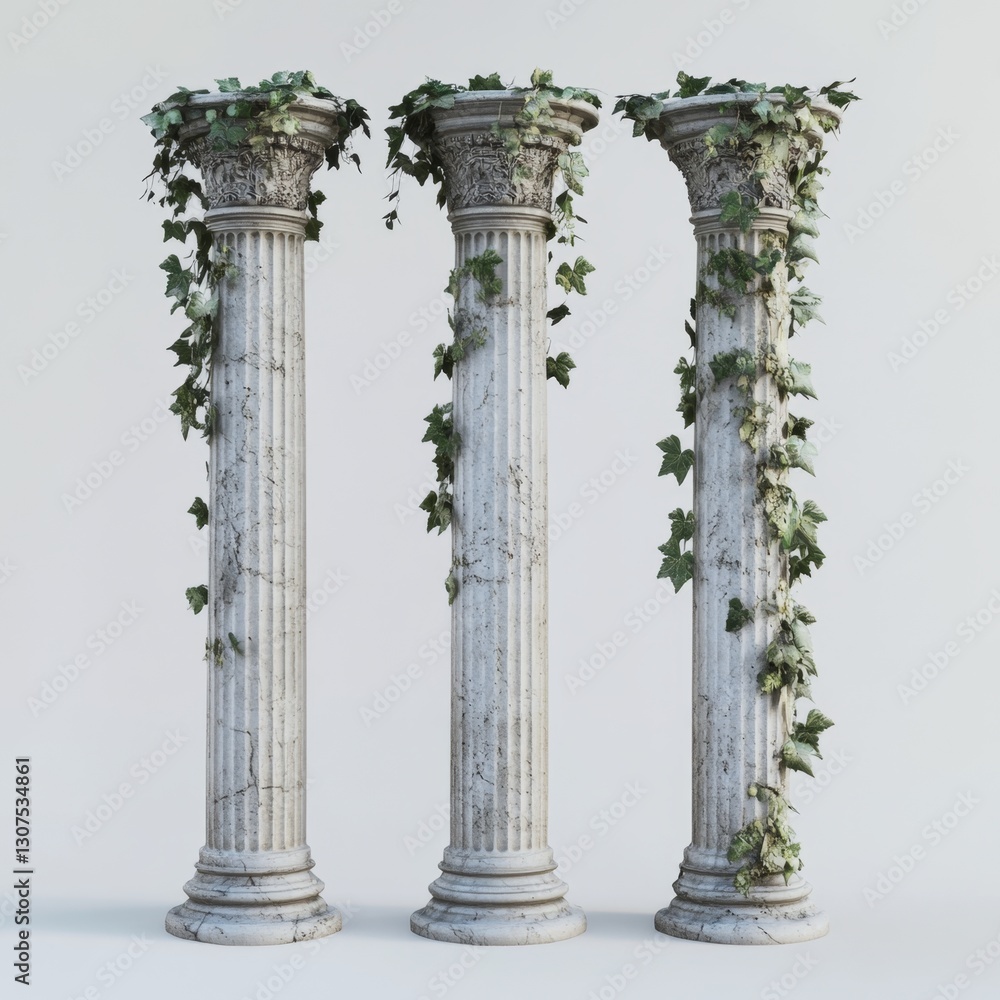 Naklejka premium Three weathered marble columns with ivy