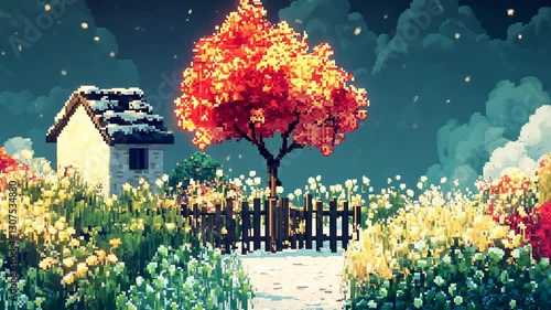 A cozy pixel-art countryside scene with a glowing autumn tree, a stone house and vibrant wildflowers.