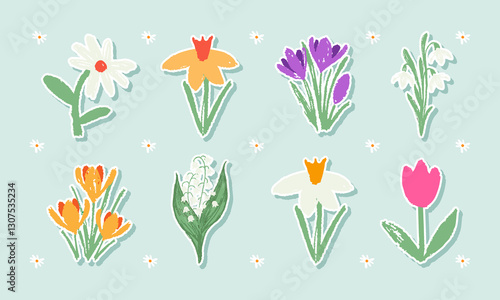 Modern Spring Flower sticker set with hand drawn Tulips, daisies, daffodils, snowdrops, lilies of the valley, crocuses.  Floral designe for Womens Day, Mothers Day, birthday, Easter.
