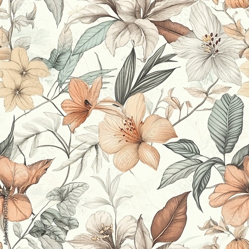 Vintage botanical garden pattern with tropical flowers