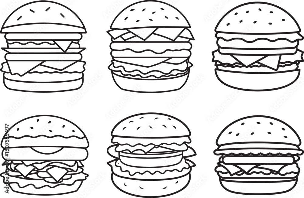 set of hamburger line art, black outline, vector and illustration, coloring book page line art drawing set of hamburger line art, black outline, vector and illustration, coloring book page line art drawing