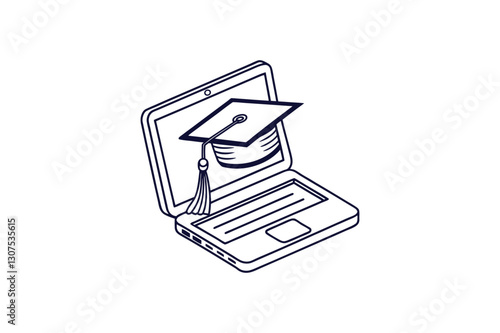 laptop with a graduation cap line art vector illustration