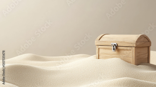 wooden treasure chest partially buried in soft sand, evoking mystery and adventure