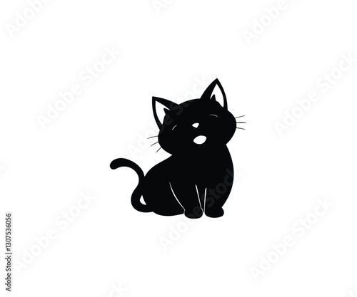 Black Cat Silhouette Sitting Isolated on White Background