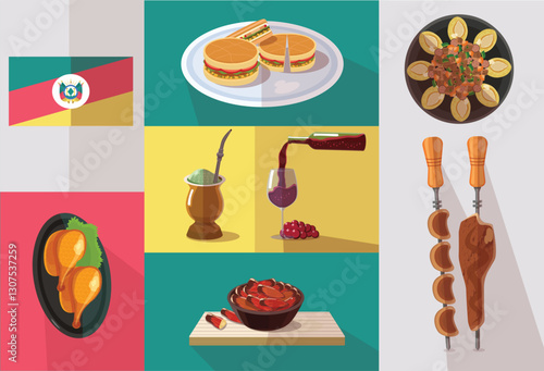 Vector set of traditional foods from Rio Grande do Sul. This set contains foods such as wine, chimarrão, barbecue, pine nuts among others...