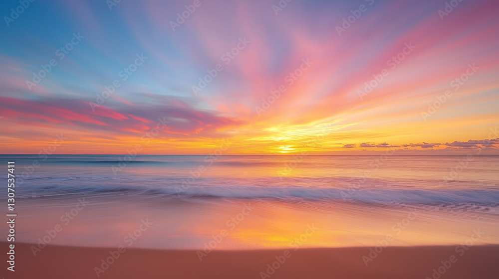 Fototapeta premium Vibrant sunset over the ocean with calm mood against a colorful sky.