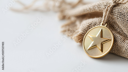 golden medal with star design rests on textured fabric background, symbolizing achievement and success
