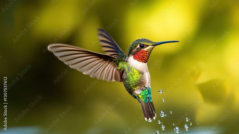 Fototapeta premium Hummingbird flying; green, red, and brown plumage against a green, blurry background, with water droplets