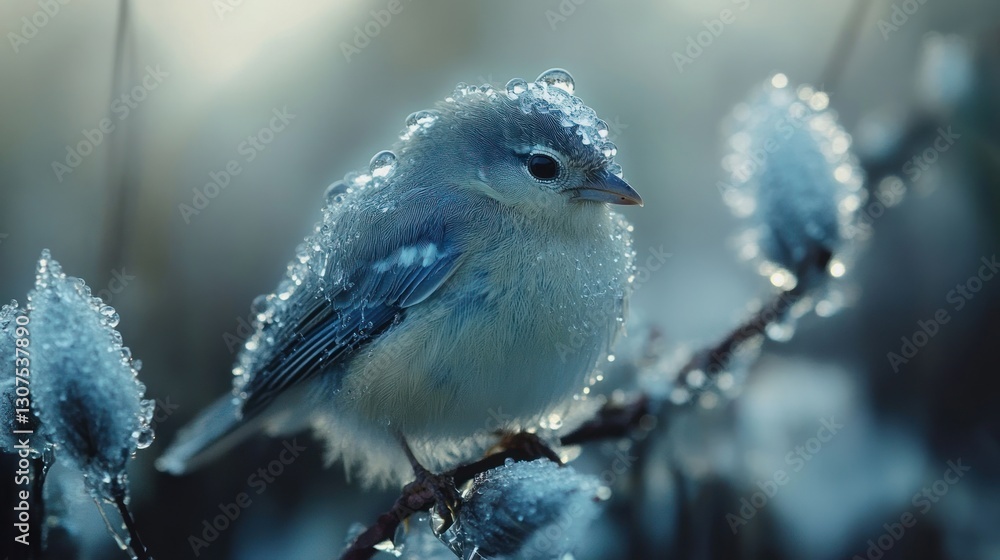 Obraz premium Frozen bluebird perched on snowy branch, soft light, blurred background