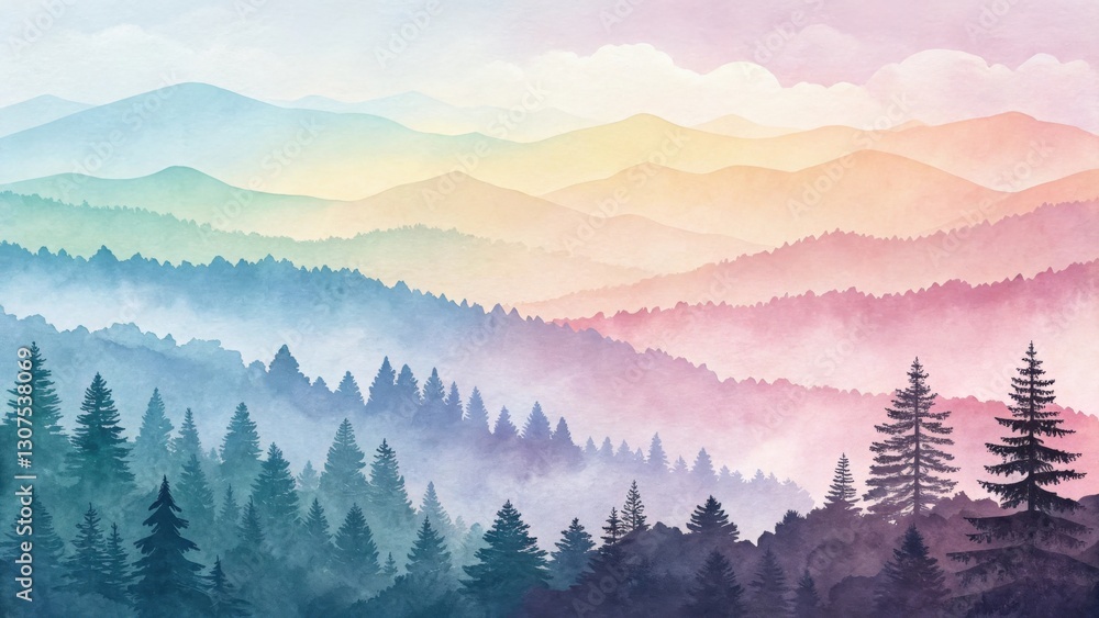 Obraz premium a captivating view of misty mountain range with an array of pastel hues. The forest is dense with evergreen trees