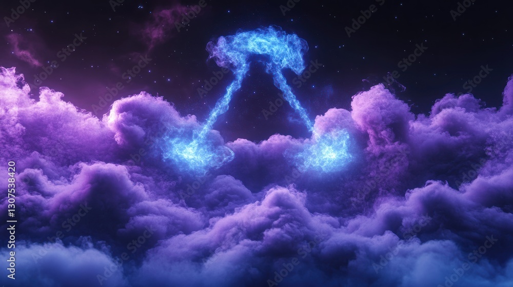 Neon symbol above clouds at night Neon symbol above clouds at night