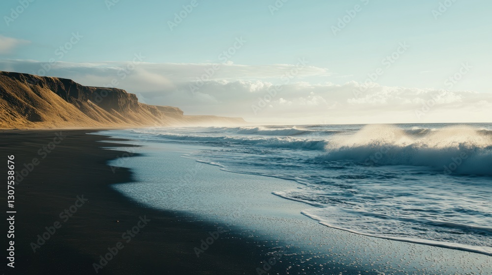 Fototapeta premium Icelandic Black Sand Beach Waves Sunrise