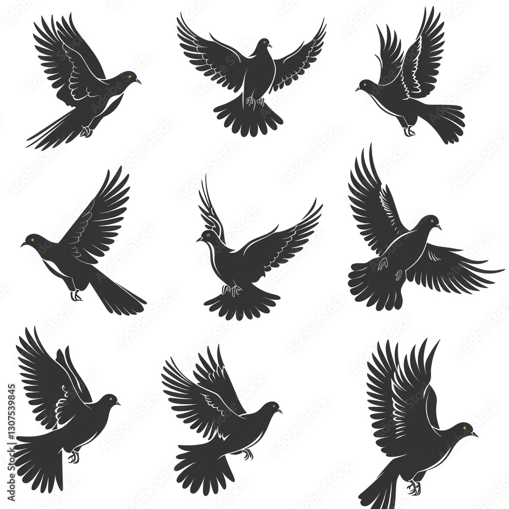 Fototapeta premium Set of Silhouettes of Doves in Flight