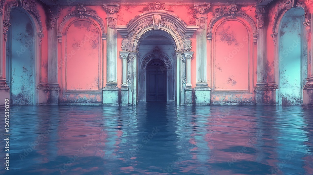 Fototapeta premium Flooded Palace Hallway Dramatic Pink Blue Light. AI Generated