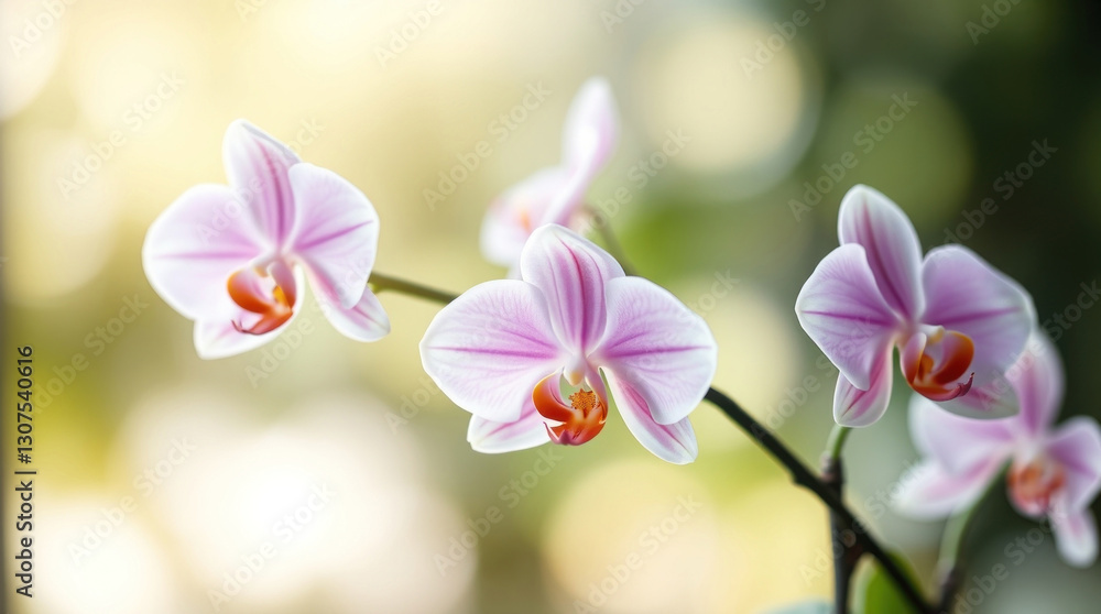 Delicate orchids in full bloom on a slender stem, softly illuminated against a blurred natural background