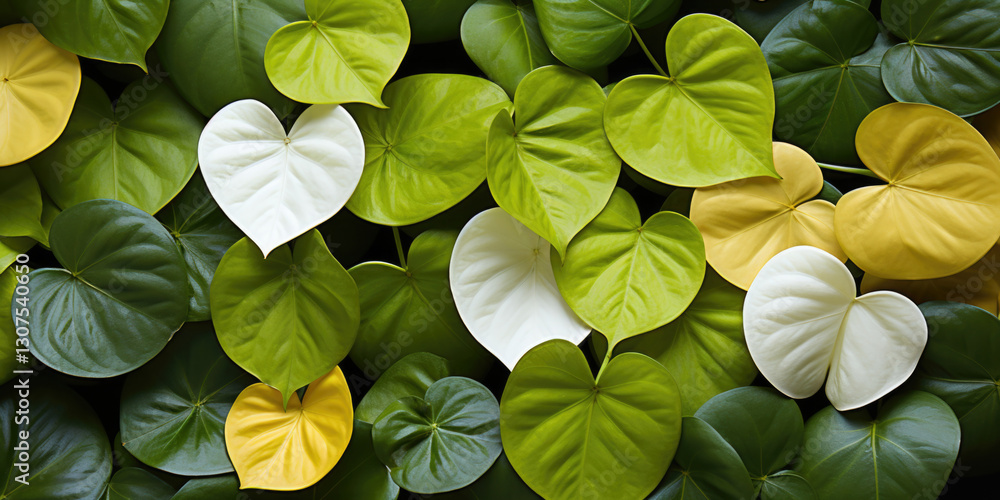 lush wall decorated with heart-shaped Anthurium leaves in green, yellow, and white shades, creating a natural and eco-friendly background